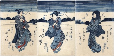 <i>Bijin sorōi</i> (Series of Beauties - 美人そろうい) - three separate <i>aizuri-e</i> in a series