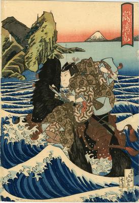 Arashi Rikan II (嵐璃寛) as Oguri Hangan (小栗判官) astride his steed, Onikage [鬼鹿毛]