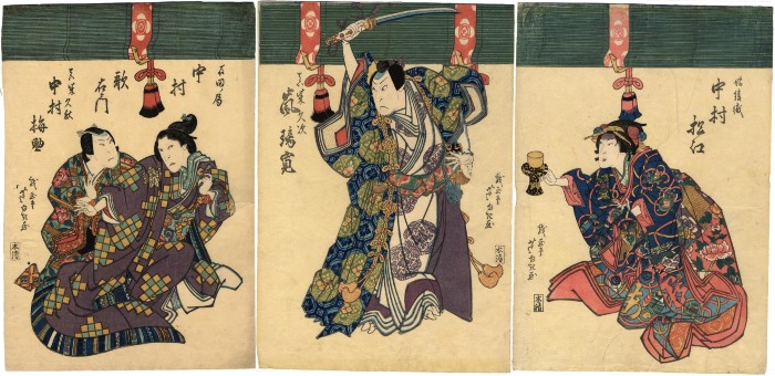 Nakamura Matsue III (中村松江) as the daughter or <i>musume</i> Karaori (娘綾織) on the right, Arashi Rikan II (嵐璃寛) as Mashiba Hisatsugu (真柴久次) in the center, Nakamura Utaemon III (中村歌右衛門) as Ishida no Tsubone (石田ノ局) and Nakamura Umesuke I (中村梅助) as Mashiba Hisaaki (真柴久秋) on the left from the play 'Snow, Moon, Flowers in the Pleasure Quarter' (<i>Keisei Setsugekka</i> [けいせい雪月花])
