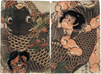 Kintarō (金太郎), carp and tengu diptych