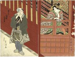 Early kabuki diptych of Bandō Mitsugorō III (坂東三津五郎) on the left and Onoe Kikugorō III (尾上菊五郎) on the right
