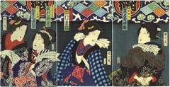 Right panel: Onoe Kikujirō II (尾上菊次郎) as Kumokiri Oroku (雲切お六);  center: Ichimura Kakitsu IV (市村家橘) as Subashiri Okuma (洲走お熊); left: Bandō Mitsugorō VI (坂東三津五郎) as Osaraba Oden (おさらばお伝)  and Sawamura Tosshô II (沢村訥升) as Kinezumi Okichi (木鼠お吉) 