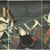 'An Old Tale of Conflict in the East' (<i>Mukashi gatari Azuma no tatehiki</i> - 昔語東立引) - Nakamura Shikan IV [四代目中村芝翫] as Yottsuibishi Chōgorō (四ツイ菱長五郎) on the right, Bandō Hikosaburō V [五代目坂東彦三郎] as Kogashira Mekurajimanohiko (小頭めくら島ノ彦) in the center, Bandō Kamezō I as the <i>otokodate</i> Kanehara  and Ichikawa Ichizō III as Mitsuhiki Ichigorō (三ッ引市五郎) on the left - a <i>mitate</i>