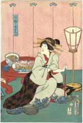 Iwai Kumesaburō III (岩井粂三郎) as Aburaya Okon (油屋おこん) in the play<i>Ise Ondo Koi no Netaba</i> [伊勢音頭恋寝刃] 
