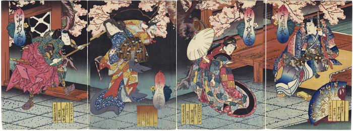 From right to left: Kataoka Gadō II (片岡我童) as Hikaru Uji (光氏); Nakamura Tomijūrō II (中村富十郎) as Tasogare (たそかれ); Onoe Kikugorō III (尾上菊五郎) as Shinonome (しののめ); Nakamura Shikan III (中村芝翫) as Kiyonosuke (喜代之助) 