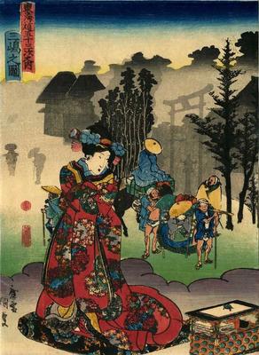 View of Mishima (<i>Mishima no zu</i> - 三嶋之図) from the series <i>Fifty-three Stations of the Tōkaidō Road</i> (<i>Tōkaidō gojūsan tsugi no uchi</i> - 東海道五十三次之内)