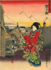 View of Nihonbashi (<i>Nihonbashi no zu</i>: 江戸日本橋之図) from the <i>chūban</i> series Fifty-three Stations of the Tōkaidō Road (<i>Tōkaidō gojūsan tsugi no uchi</i>: 東海道五十三次之内) 