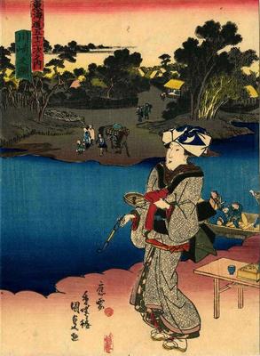 View of Kawasaki (<i>Kawasaki no zu</i>: 川崎之図) from the series Fifty-three Stations of the Tōkaidō Road (<i>Tōkaidō gojūsan tsugi no uchi</i>: 東海道五十三次之内)