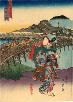View of Okazaki (<i>Okazaki no zu</i>: 岡崎ノ図) from the series Fifty-three Stations of the Tōkaidō Road (<i>Tōkaidō gojūsan tsugi no uchi</i>: 東海道五十三次之内)
