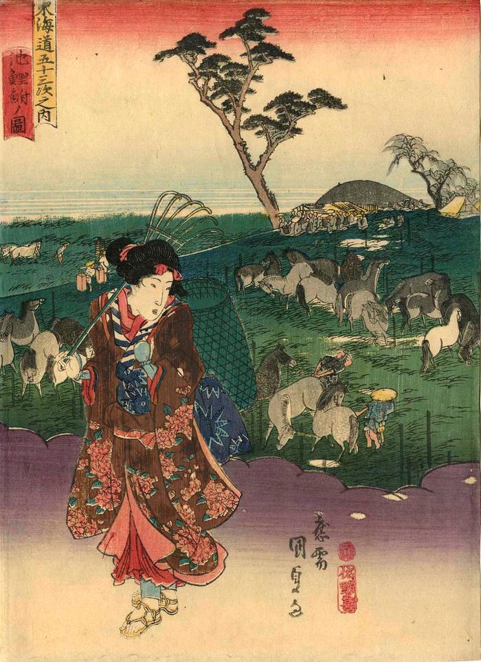 View of Chiryū (<i>Chiryū no zu</i>: 池鯉鮒ノ図) from the series Fifty-three Stations of the Tōkaidō Road (<i>Tōkaidō gojūsan tsugi no uchi</i>: 東海道五十三次之内) 
