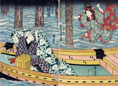 Iwai Shijaku I (岩井紫若) as the courtesan Minoya Sankatsu (みの屋三勝), jumping into a boat from a bridge to join her lover Arashi Rikan II (嵐璃寛) as Akaneya Hanshichi (赤根屋半七) in the play <i>Daigashira Midori no Iromaku</i> ['The Surge of Love Beneath the Green Cover' 台頭緑色幕]