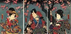Cherry blossoms at night with Mitsuuji and two <i>bijin</i> from a Rustic Genji theme [<i>Nise Murasaki inaka Genji</i> - 偐紫田舎源氏] - 
