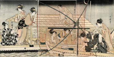 Fishing with a four armed scoop-net (<i>yotsude ami</i> - 四つ手網)  by the light of a crescent moon