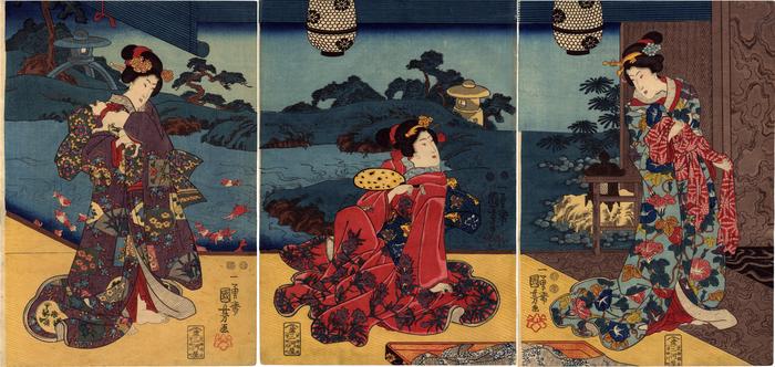 Women with cat on an <i>engawa</i> by a goldfish pond