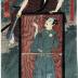 Ichikawa Danjūrō VIII as Kamiya Iemon (神谷仁右衛門) with his servant, Kohei and his dead wife Oiwa (お岩)  nailed to a door along with images of their skeletons - a <i>shikake-e</i> or 'mechanical print'