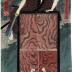 Ichikawa Danjūrō VIII as Kamiya Iemon (神谷仁右衛門) with his servant, Kohei and his dead wife Oiwa (お岩)  nailed to a door along with images of their skeletons - a <i>shikake-e</i> or 'mechanical print'
