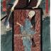 Ichikawa Danjūrō VIII as Kamiya Iemon (神谷仁右衛門) with his servant, Kohei and his dead wife Oiwa (お岩)  nailed to a door along with images of their skeletons - a <i>shikake-e</i> or 'mechanical print'