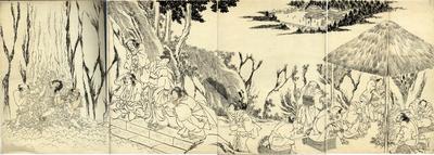 Preliminary drawing (<i>shita-e</i>) for a tetraptych - Utagawa School - A place of pilgrimage - a temple district with waterfall