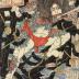 Three heroes of the Water Margin capture the bandit queen Ichijōsei (<i>108 Heroes of the Theatre Suikoden</i> - <i>Shibai Suikoden Hykuhachinin no uchi</i> - 戯場水滸伝百八人之内) - a <i>mitate</i> tetraptych
