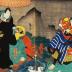 Mimasu Daigorō IV [三枡大五郎] is in the role of Yurugi Saemon [由留木左衛門] in the play <i>Keisei Somewaka Tazuna</i> [けいせい染分総] - left panel of a triptych