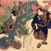 From right to left: Arashi Sangorō IV (嵐三五郎) as Sonobe no Saemon (園部ノ左衛門), Arashi Rikan II (嵐璃寛) as the footman Tsumahei (奴妻平), Bandō Jūtarō (坂東寿太郎) as Magaki (まかき) and Fujikawa Tomokichi II (藤川友吉) as Usuyuki-hime (薄雪姫) - Viewing cherry blossoms at Kiyomizu