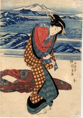Standing <i>bijin</i> tying her <i>koshihimo</i> (腰紐) - with an <i>aizuri-e</i> background