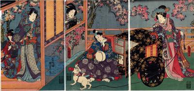 Mitsuuji watching a white cat delivering a love letter - A Rustic Genji theme - [<i>Mitsuuji to sakura fuguruma hakubyō no zu</i>: 光氏と桜・文車・白猫の図]