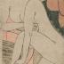 Woman with baby climbing out of bathtub (子供を抱いて風呂から上がる女)