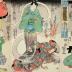 Bandō Hikosaburō IV (坂東彦三郎) as 経政実ハしゆんくはんのぼうこん, a ghost and Onoe Eizaburō III (尾上栄三郎) as the cowering princess Chidori-hime (千鳥姫) - from the play <i>Tsumagasane Sugata no Hana Kurabe</i> （嬲容顔花競 - 'Tsumagasane, the comparison of what you see）- center panel of a triptych