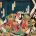 Nakamura Shikan IV (中村芝翫) in the role of Asahina (朝比奈)  in the play <i>Tsurigitsune Haru no Soga-giku</i> [釣狐春の曽我菊] - this is the center panel of a triptych
