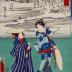 Shōno (庄野): The Kumano Shrine and the Shiratori Grave Mound (Kumano no yashiro - 熊野ノ社, Shiratori-zuka - 白鳥塚); Women Travellers (<i>Onna tabibito</i>), from the series <i>The Fifty-three Stations</i> [<i>of the Tōkaidō Road</i>] <i>by Two Brushes</i> (<i>Sōhitsu gojūsan tsugi</i> - 双筆五十三次)