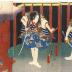 Ichikawa Danjūrō VIII (八代目市川団十郎) as Soga Gorō Takimune (曽我五郎時宗) on the right and Ichimura Takenojō V as Soga Jūrō Sukenari (曽我十郎祐成) on the left - the center and right panels of a triptych