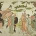 Woman accompanying a child on horseback with a view of Mount Fuji in the distance - probably the central panel of a triptych