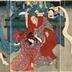 From the dance performance <i>Iro moyo chotto karimame</i> (色彩間苅豆) Bandō Hikosaburō IV [坂東彦三郎] as Kinoshita Yoemon [木下川与右衛門] on the left, in the middle are Ichikawa Dannosuke V [市川団之助] as Inaka musume Oriki (田舎娘おりさ) and Nakamura Shijaku I [中村芝雀] as Yūnen Shōnin (祐念上人) and Onoe Kikujirō II [尾上菊次郎] on the right as the ghost of Kasane [累ゆうこん]