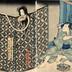 Bandō Hikosaburō IV (坂東彦三郎) on right as Ryoshi Tsunazō (猟師綱蔵) and Onoe Tamizō II (尾上多見蔵)  as a long necked monster disguised as the <i>koshimoto</i> Otsuru ( 腰元おつる) - from the play <i>Kasane Ōgi Chiyo no Matsuwaka</i> (重扇寿松若)