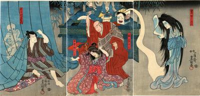 From the dance performance <i>Iro moyo chotto karimame</i> (色彩間苅豆) Bandō Hikosaburō IV [坂東彦三郎] as Kinoshita Yoemon [木下川与右衛門] on the left, in the middle are Ichikawa Dannosuke V [市川団之助] as Inaka musume Oriki (田舎娘おりさ) and Nakamura Shijaku I [中村芝雀] as Yūnen Shōnin (祐念上人) and Onoe Kikujirō II [尾上菊次郎] on the right as the ghost of Kasane [累ゆうこん]
