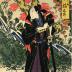 Ichikawa Ebijūrō I (市川鰕十郎) as Ukisu no Iwamatsu (うきすの岩松) on the right, Arashi Kitsusaburō II (嵐吉三郎) as the farmer Jūsaku (百姓十作) in the center,  Sawamura Kunitarō II (沢村國太郎) as Jūsaku's wife [<i>nyōbō</i>] Okinu (十作女房お絹) on the left in <i>Keisei kakehashi monogatari</i> (けいせい棧物語) 
