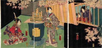 Rustic Genji triptych - Mitsuuji viewing cherry blossoms in the Yoshiwara