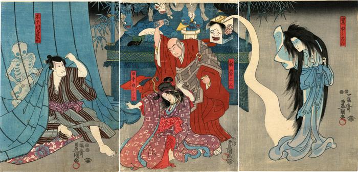 From the dance performance <i>Iro moyo chotto karimame</i> (色彩間苅豆) Bandō Hikosaburō IV [坂東彦三郎] as Kinoshita Yoemon [木下川与右衛門] on the left, in the middle are Ichikawa Dannosuke V [市川団之助] as Inaka musume Oriki (田舎娘おりさ) and Nakamura Shijaku I [中村芝雀] as Yūnen Shōnin (祐念上人) and Onoe Kikujirō II [尾上菊次郎] on the right as the ghost of Kasane [累ゆうこん]