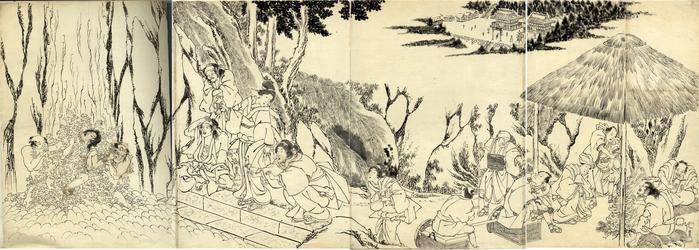 Preliminary drawing (<i>shita-e</i>) for a tetraptych - Utagawa School - A place of pilgrimage - a temple district with waterfall