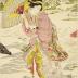 Courtesan with umbrella in snow - middle panel of a <i>mitate</i> triptych - title: <i>Gentoku fūsetsu ni Kōmei o tazureru</i> - 玄徳風雪訪孔明 - a parody of Gentoku visiting Kōmei in the snow  