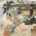 Scene from <i>Botan ni cho itsuka fumibako</i> (牡丹蝶初筐)  - Nakamura Daikichi I (中村大吉) on the right as Ohatsu (おはつ), Onoe Kikugorō III (尾上菊五郎) as Iwafuji in the center, and Ichikawa Monnosuke III (市川門之助) on the left as Onoe
