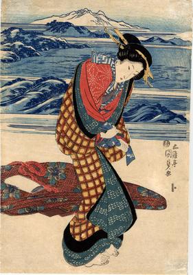 Standing <i>bijin</i> tying her <i>koshihimo</i> (腰紐) - with an <i>aizuri-e</i> background