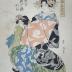 The courtesan Toyozumi (豊住) of the Chōjiya (丁子屋) house with her kamuro from the series <i>Collection of Beautiful Flowers of the Pleasure Quarters </i> (<i>Seirō meika awase</i> - 青楼名花合)
