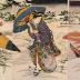 Courtesan with umbrella in snow - middle panel of a <i>mitate</i> triptych - title: <i>Gentoku fūsetsu ni Kōmei o tazureru</i> - 玄徳風雪訪孔明 - a parody of Gentoku visiting Kōmei in the snow  