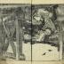 Iwai Shijaku I (岩井紫若) as the courtesan Minoya Sankatsu (みの屋三勝), jumping into a boat from a bridge to join her lover Arashi Rikan II (嵐璃寛) as Akaneya Hanshichi (赤根屋半七) in the play <i>Daigashira Midori no Iromaku</i> ['The Surge of Love Beneath the Green Cover' 台頭緑色幕]
