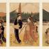Elegant women with attendants in a parody of a daimyō's procession - these are the center 3 of a 5 panel pentaptych 