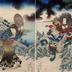 Three heroes of the Water Margin capture the bandit queen Ichijōsei (<i>108 Heroes of the Theatre Suikoden</i> - <i>Shibai Suikoden Hykuhachinin no uchi</i> - 戯場水滸伝百八人之内) - a <i>mitate</i> tetraptych
