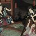 Onoe Kikugorō III (尾上菊五郎) as Satō Yomoshichi (与茂七) on the left and Oiwa (お岩ぼふこん) on the right and Seki Sanjūrō II (関三十郎) as Tamiya Iemon (伊右衛門) also on  the right