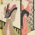 Two courtesans seated on a staircase from the series 'Five sets of Women Beautiful as Iris Flowers' (<i>Hana-ayame gonin-zoroi</i> - 英山 花あやめ五人揃) 